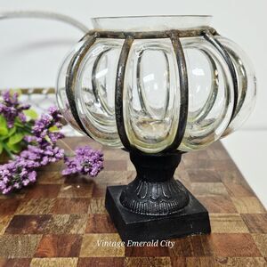 Vtg Glass Bowl on Metal Pedestal Blown Bubble Encased Glass Candy Bowl Planter